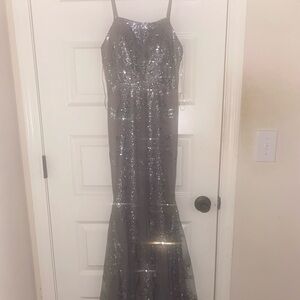 Elegant Silver Sequin Prom Dress and Jewelry